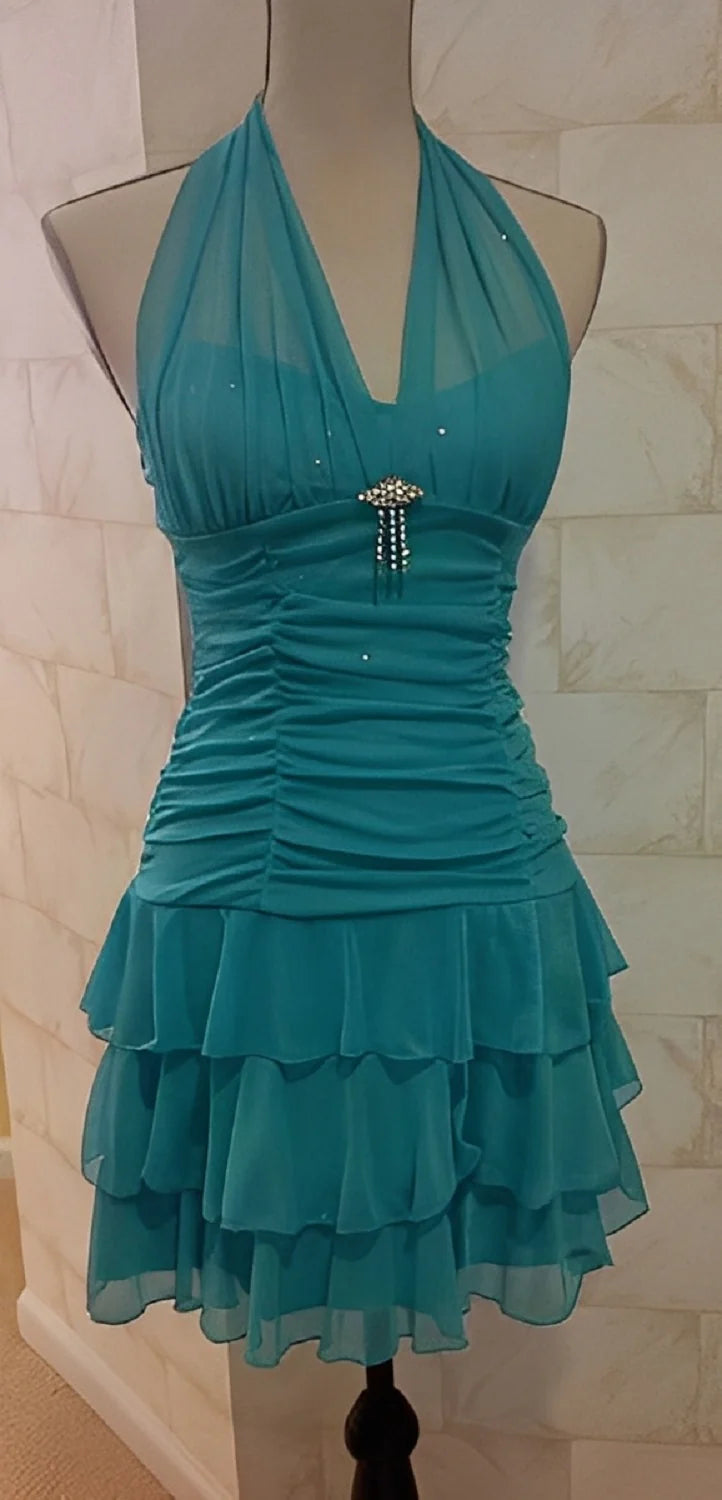 Romantic Turquoise Halter-Neck Tiered Ruffle A-Line Homecoming Dress TP5952