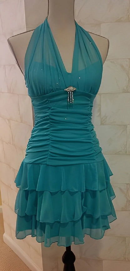 Romantic Turquoise Halter-Neck Tiered Ruffle A-Line Homecoming Dress TP5952