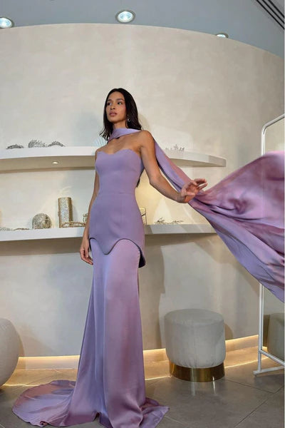 Elegant Lilac Strapless Detachable Cape Sheath Evening Gown Prom Dress TP5226