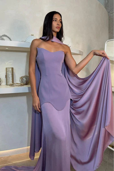 Elegant Lilac Strapless Detachable Cape Sheath Evening Gown Prom Dress TP5226