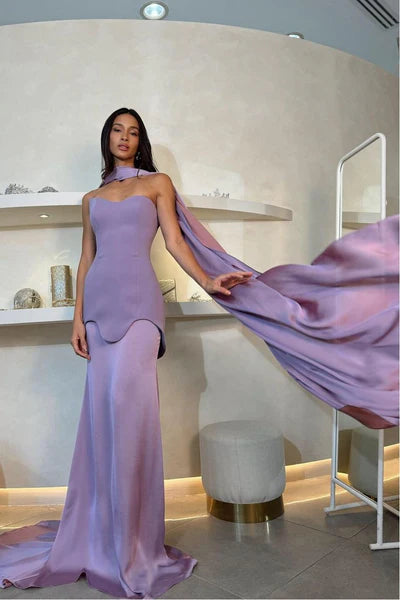 Elegant Lilac Strapless Detachable Cape Sheath Evening Gown Prom Dress TP5226