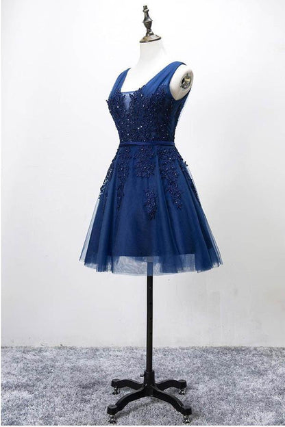 Vintage Navy Blue Lace Appliques Design A-line Tulle Short Lace-up Homecoming Dress TP3570