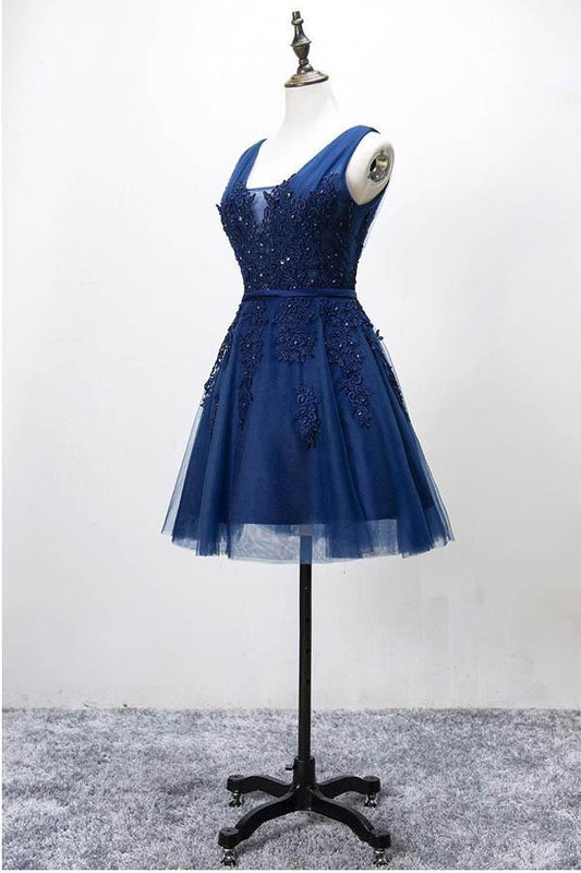 Vintage Navy Blue Lace Appliques Design A-line Tulle Short Lace-up Homecoming Dress TP3570