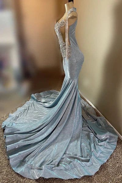 Vintage Sky Blue Mermaid Prom Dress Sparkling Beaded Evening Gown Backless Party Dress Long Formal Dress TP4853