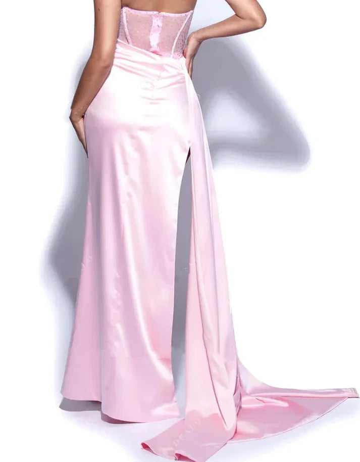 Elegant Satin Strapless High Slit Mermaid Long Prom Dress Party Dress Evening Dress TP4491