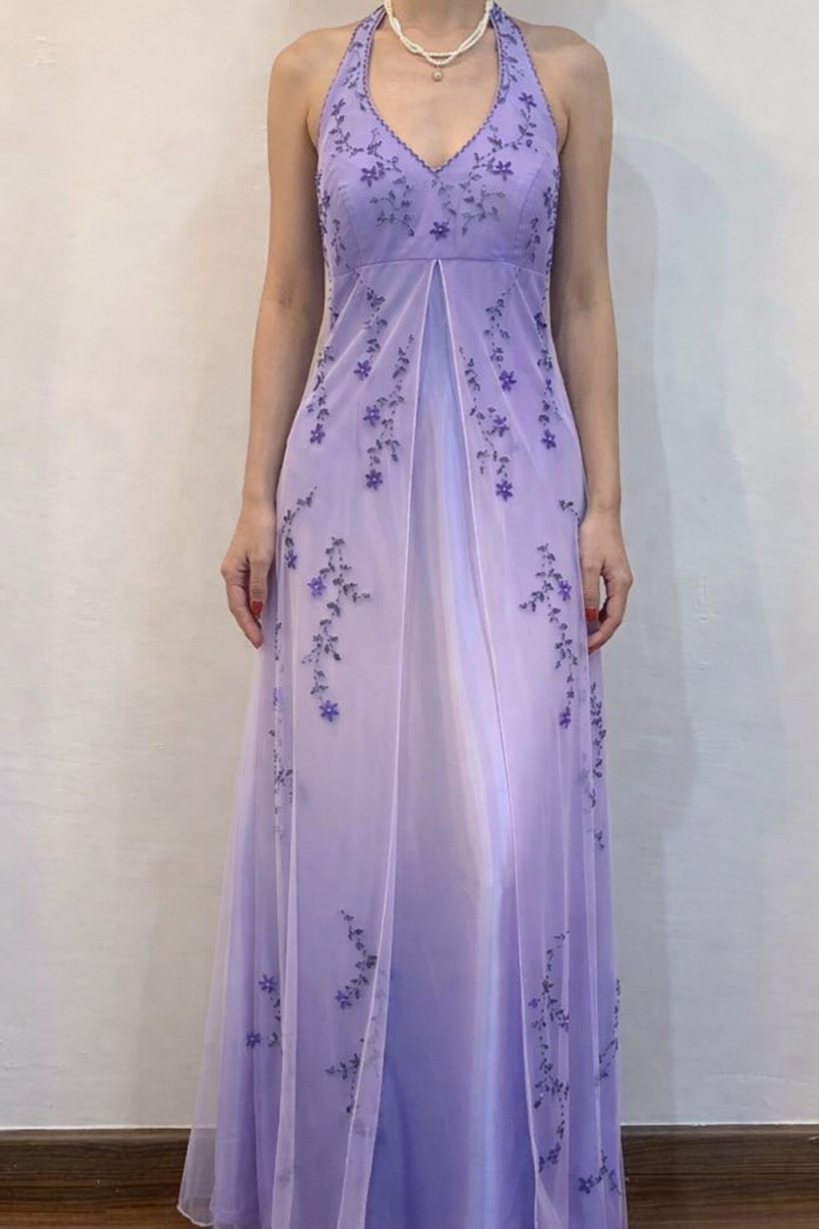 Vintage Ombre Halter Neck Floral Embroidery Chiffon Evening Gown TP5696