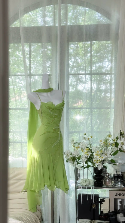 Chic Green Sequin Spaghetti Strap A-line Chiffon Party Dresses Homecoming Dresses, TP3780