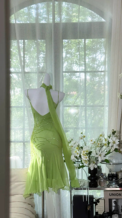 Chic Green Sequin Spaghetti Strap A-line Chiffon Party Dresses Homecoming Dresses, TP3780