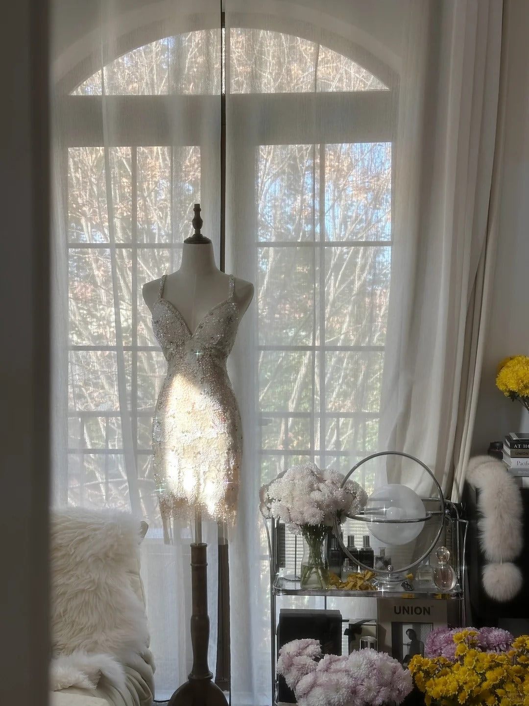 Vintage Beige Sequin Beading Appliques Spaghetti Strap A-line V-neck Party Dresses Homecoming Dresses, TP3782