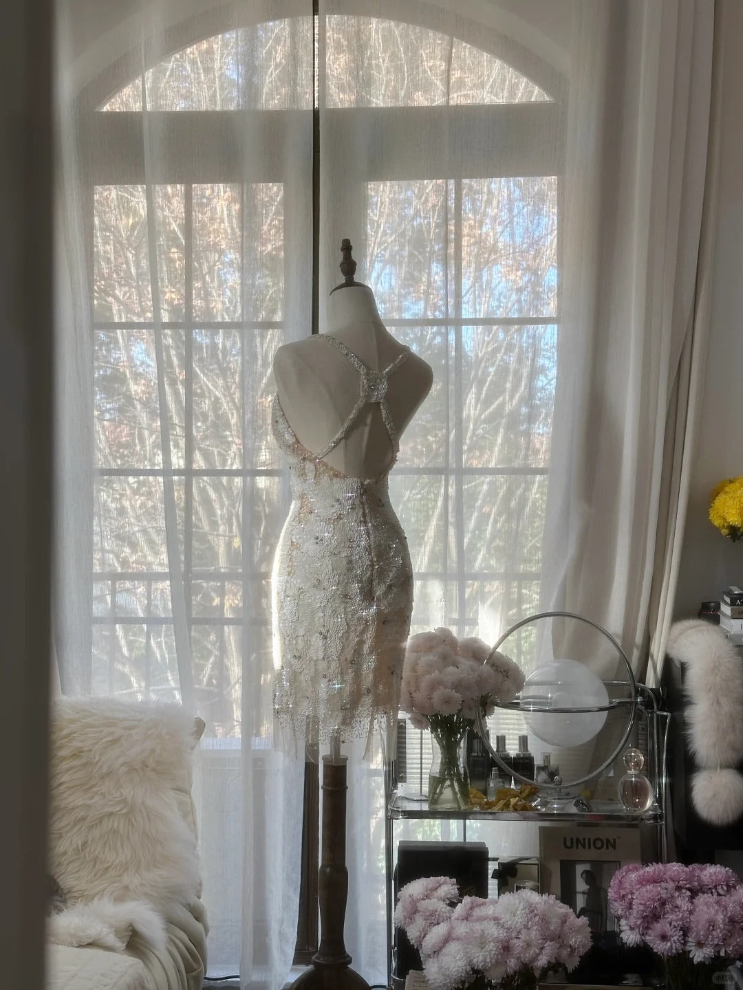 Vintage Beige Sequin Beading Appliques Spaghetti Strap A-line V-neck Party Dresses Homecoming Dresses, TP3782