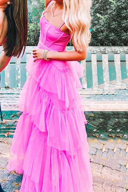Hot Pink New Style Spaghetti Straps Floor Length Prom Dress with Ruffles   TP80