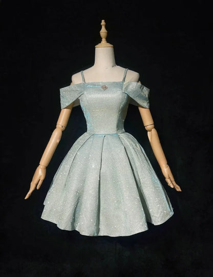 Sparkling Light Blue Sequin Spaghetti Strap Design A-line Satin Party Dress Homecoming Dress TP4094