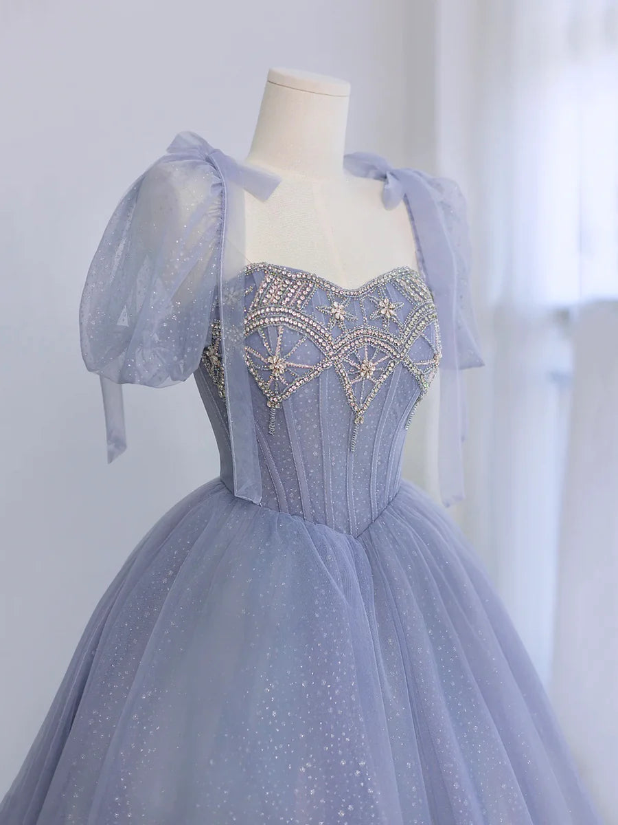 Blue Tulle Beaded Floor Length Prom Dress, A-Line Short Sleeve Evening Party Dress TP144