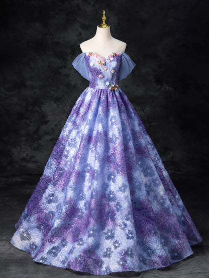 Dreamy Colorful Flowers Purple/blue Prom Dress, Fairy Off the Shoulder A-Line Princess Party Gown TP169