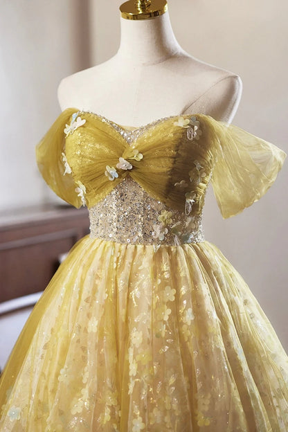 Vintage Yellow Floral Tulle Knee Length Prom Dress, Lovely A-Line Homecoming Dress TP3395