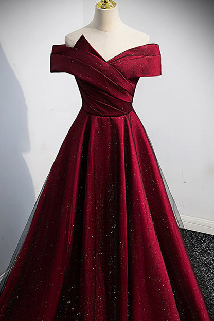 Burgundy Off the Shoulder Prom Dress, A-Line Evening Party Dress TP596